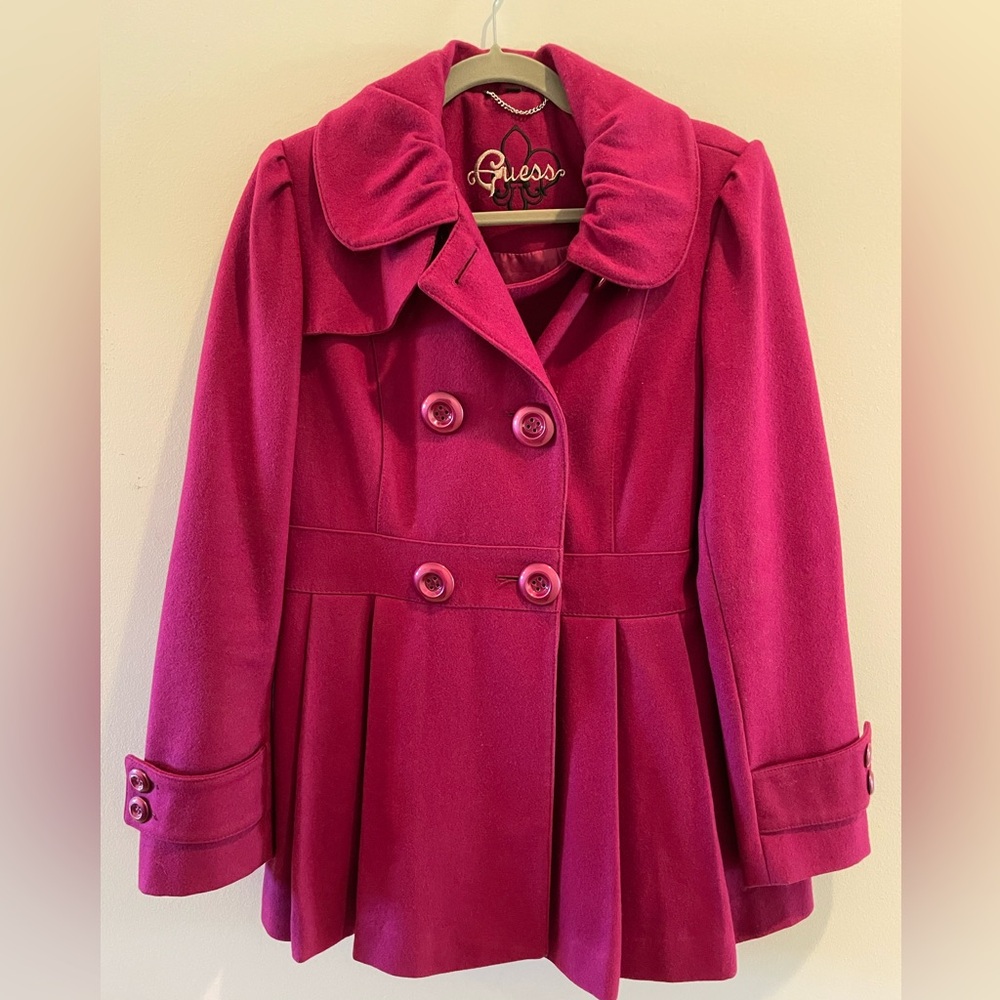 GUESS Women’s Collared Double-Breasted Peplum Coat